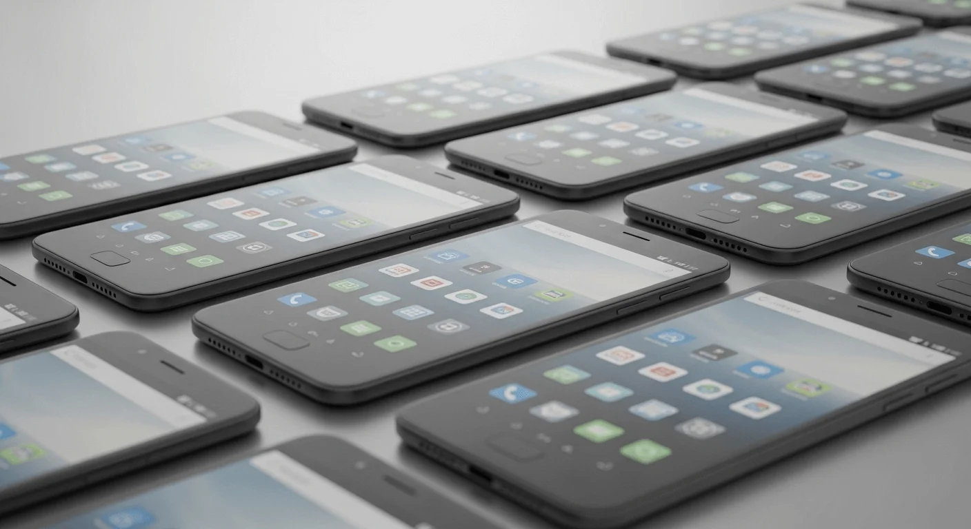 A 3D render showing a series of identical, perfectly configured Android devices in a line, representing consistency and reliability.