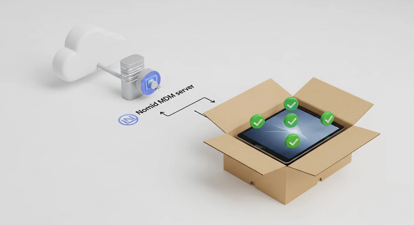 Sophisticated 3D render illustrating the Zero-Touch process: A cloud icon connects to a Nomid MDM server icon, which then points to a tablet in a box that is self-configuring with green checkmarks.