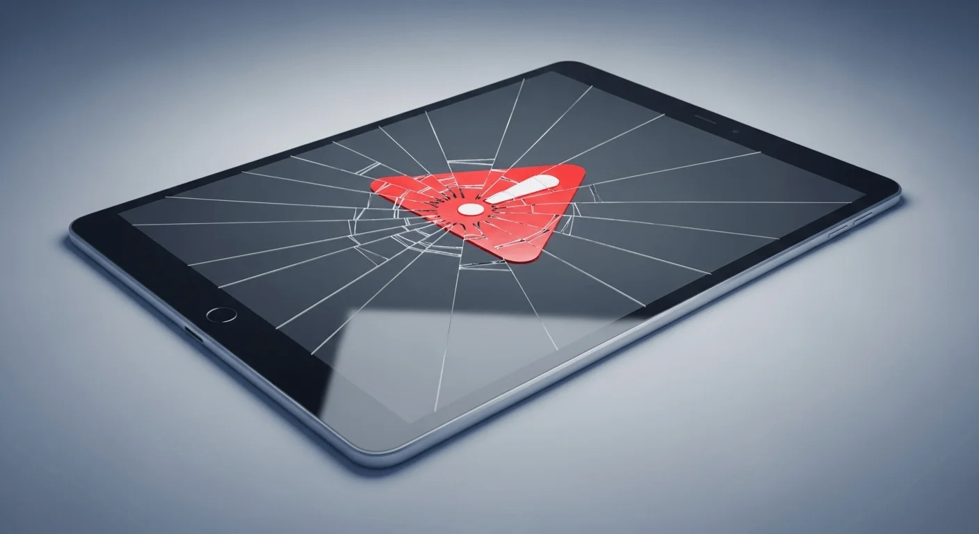 Sophisticated 3D render of a generic tablet with a cracked screen showing a red warning icon, symbolizing vulnerability and failure of basic security.