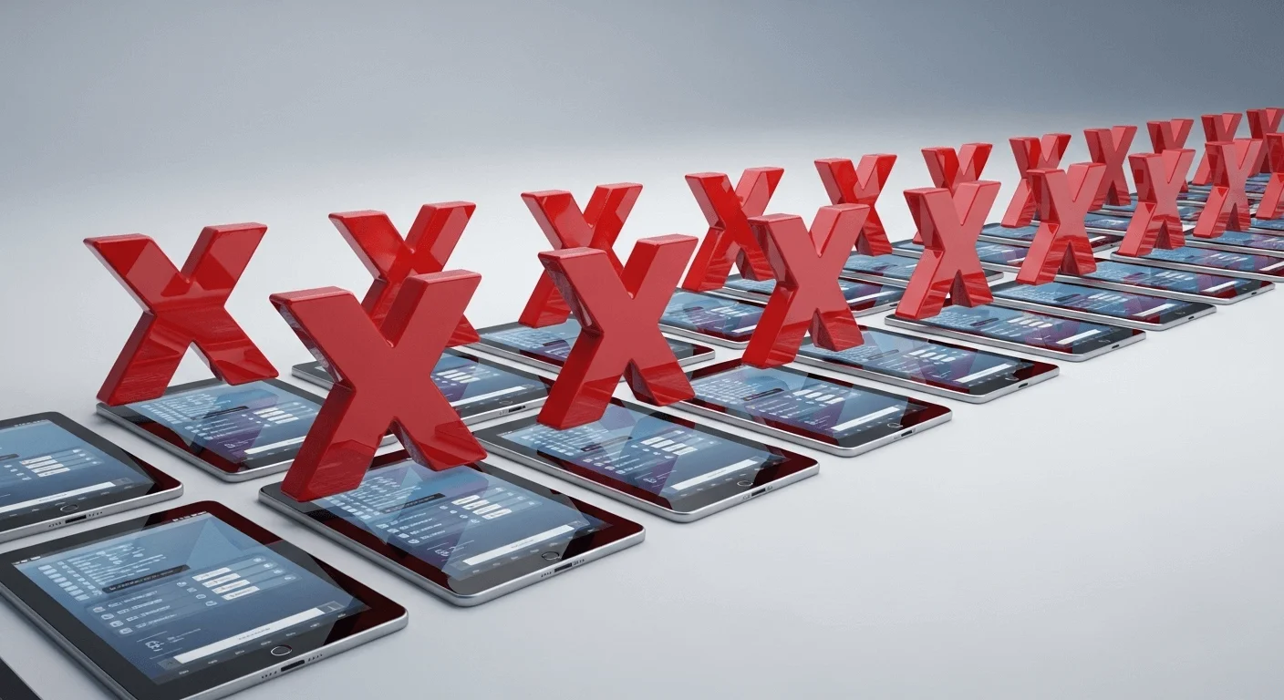 Sophisticated 3D render showing a line of tablets with red 'X' marks above them, representing a failed, inefficient manual setup process.
