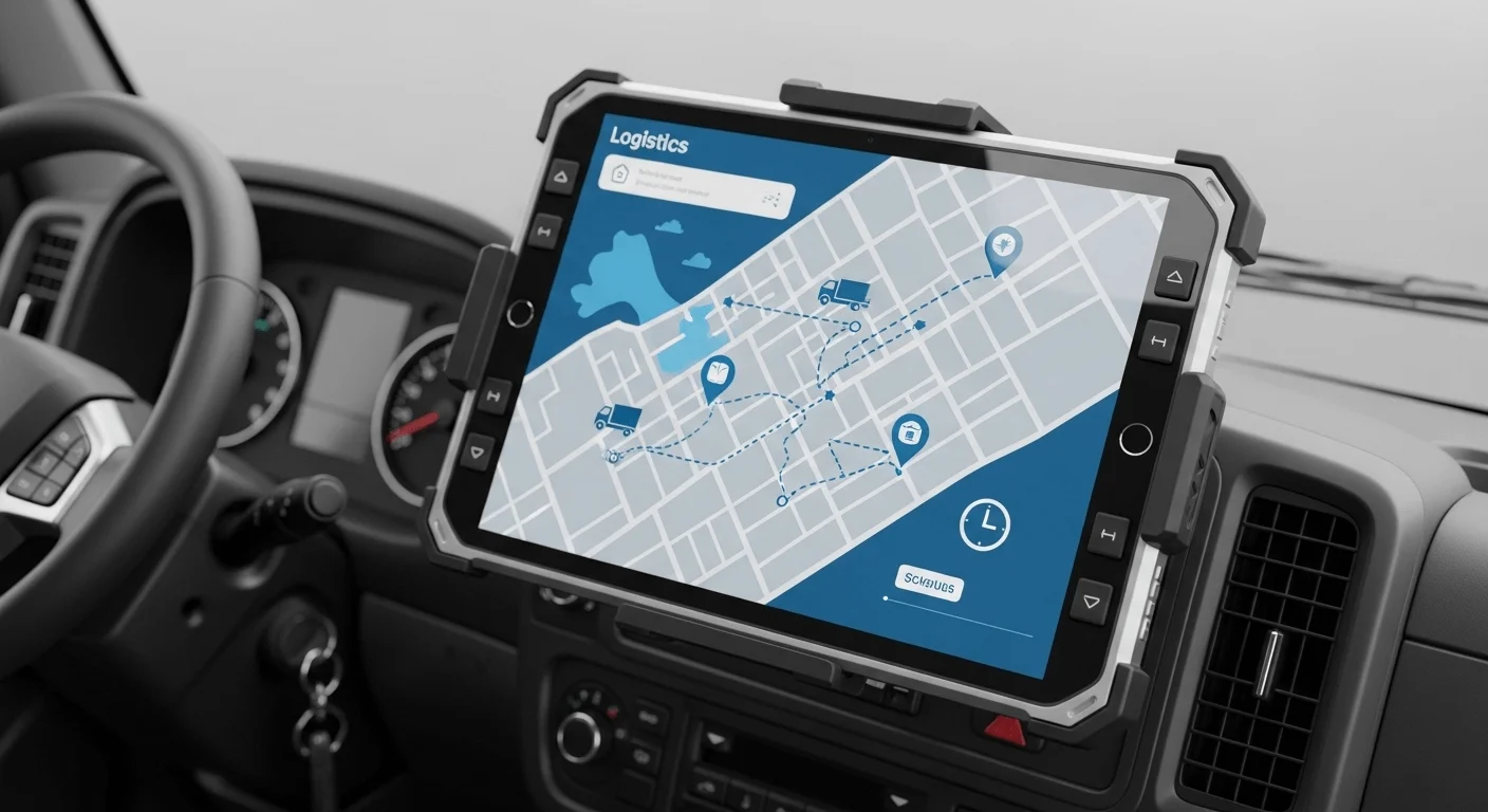 A 3D render of a rugged tablet mounted in a truck cab, displaying a stylized map and logistics icons.
