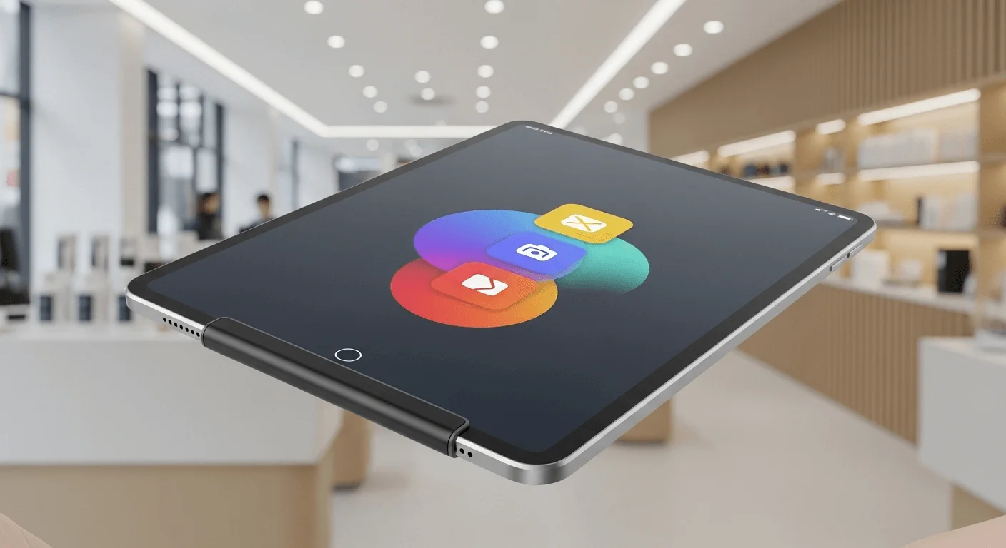 A 3D render of a sleek tablet with a credit card reader attachment in a modern retail environment.