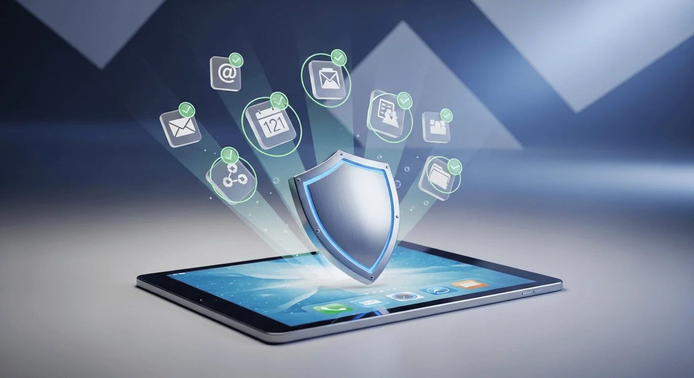 Sophisticated 3D render of a tablet with a shield emblem integrated into the OS layer, with secure, approved app icons floating above it.