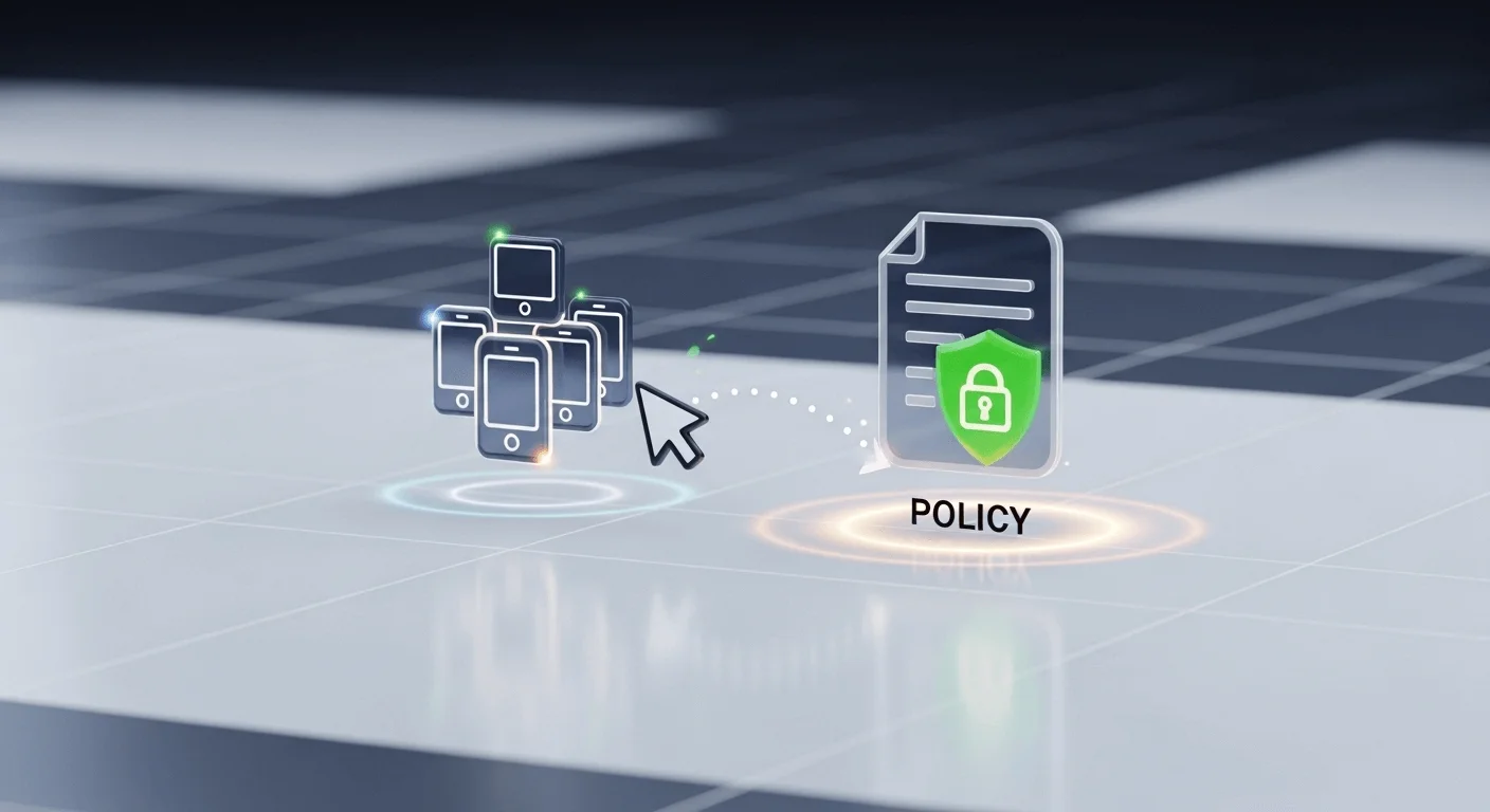 A 3D render showing a device group icon being dragged and dropped onto a policy icon within a UI, symbolizing easy assignment.