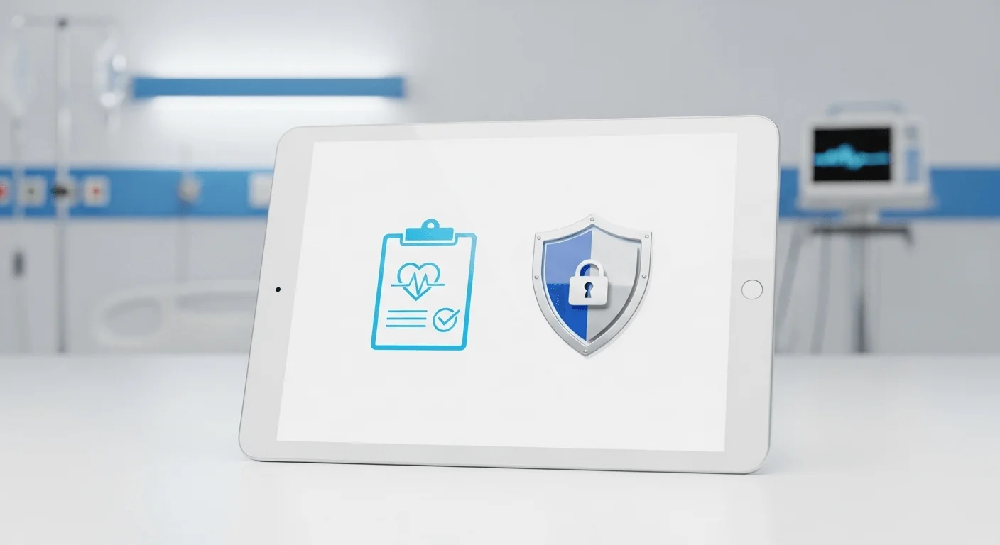 A 3D render of a clean, white tablet in a sterile hospital setting, showing a stylized health record icon and a security shield.