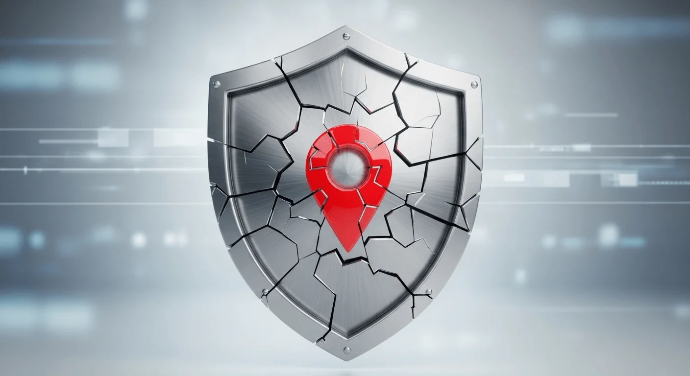 3D render of a cracked shield icon with a map pin symbol in the center, symbolizing a security breach related to location.