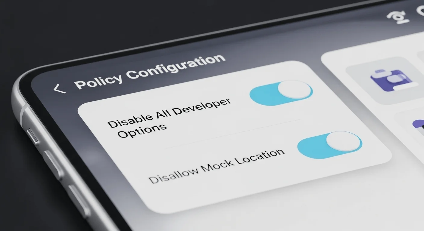 3D render of a stylized, clean dashboard UI. It shows a policy configuration screen with a toggle switch for 'Disable All Developer Options' and a separate toggle for 'Disallow Mock Location'.