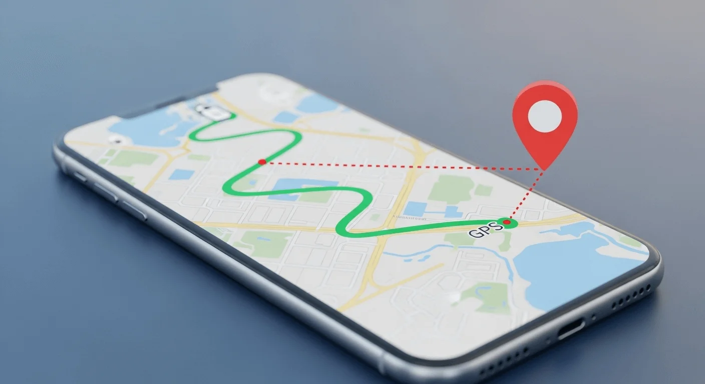 Sophisticated 3D render showing a phone on a map. A solid line shows the device's true GPS path, while a dotted, user-controlled line diverges to a 'mock' location pin.
