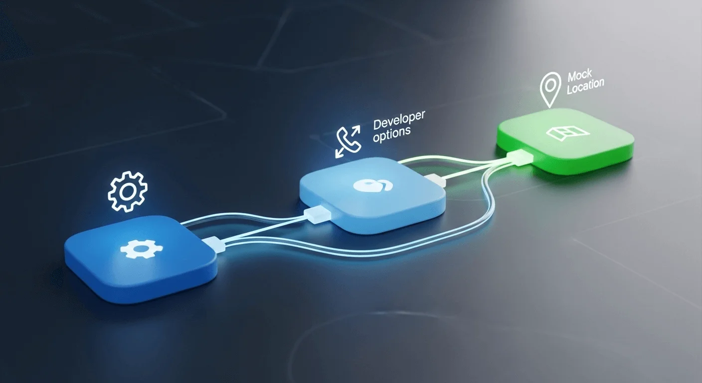 Abstract 3D render illustrating a simplified settings pathway, with three distinct nodes representing the steps to enable mock location.