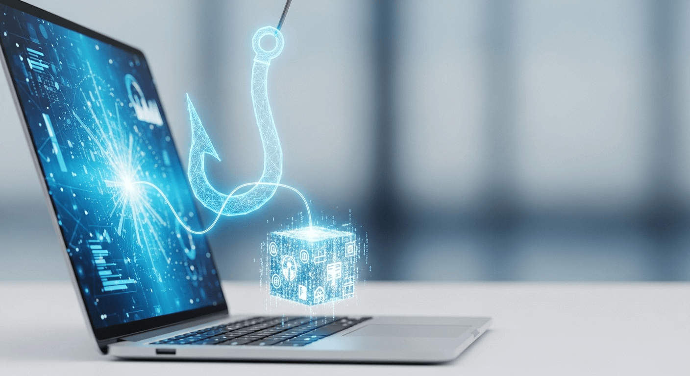 A 3D render of a digital fishing hook pulling a data packet from a laptop screen.