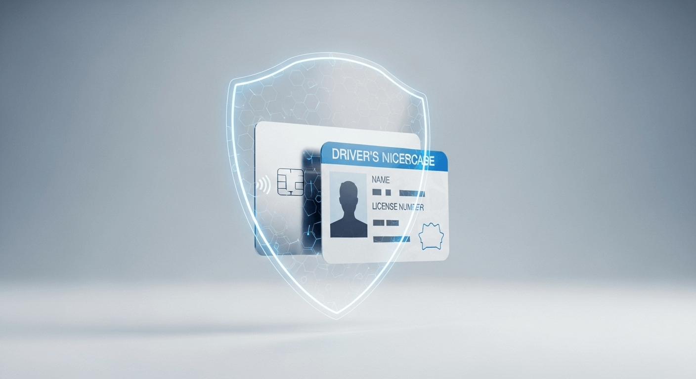 A 3D render of a credit card and a driver's license protected by a transparent security shield.