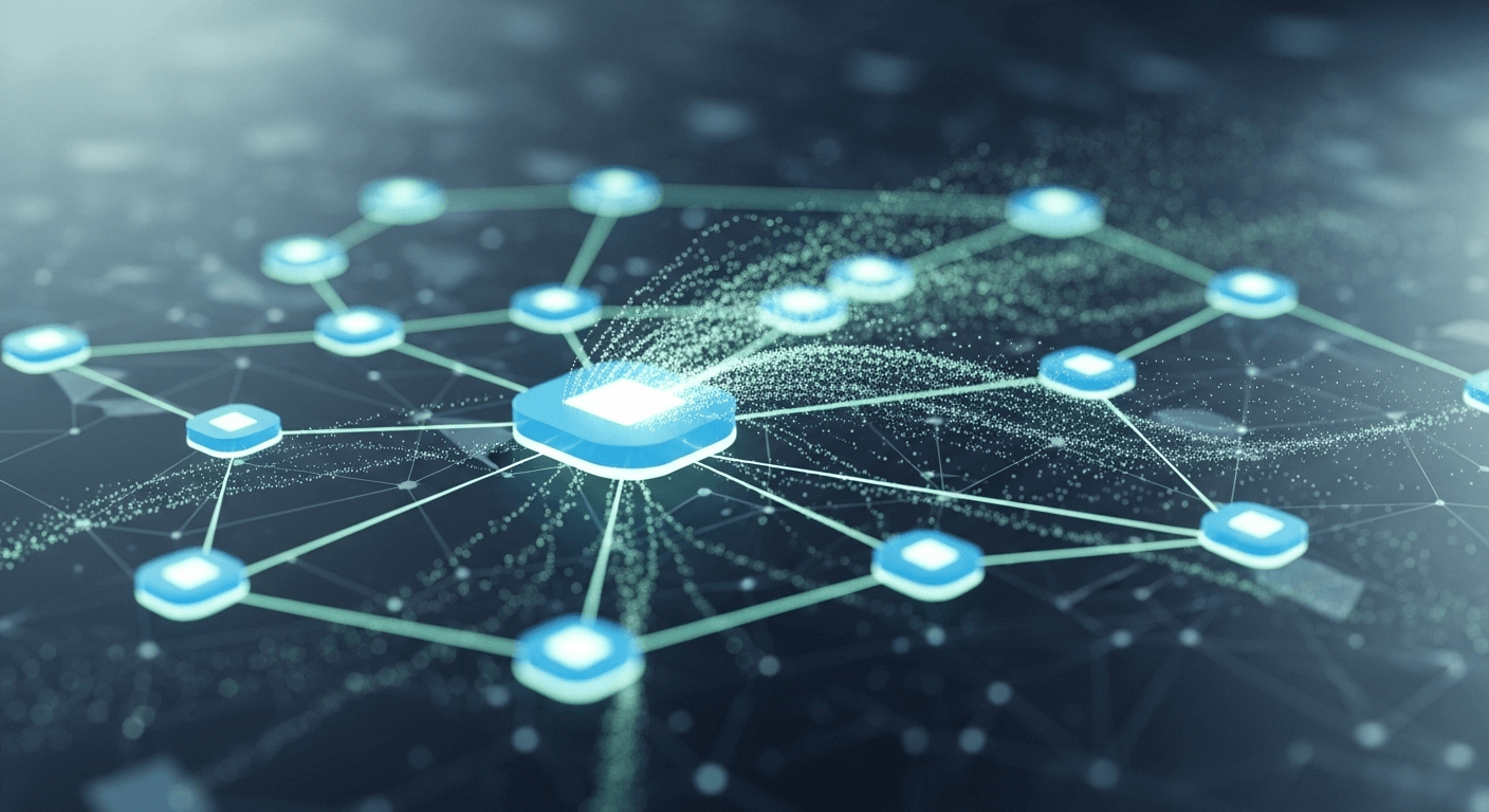 A 3D render of interconnected nodes representing a network, with data flowing between them, highlighting the complexity of modern service delivery.