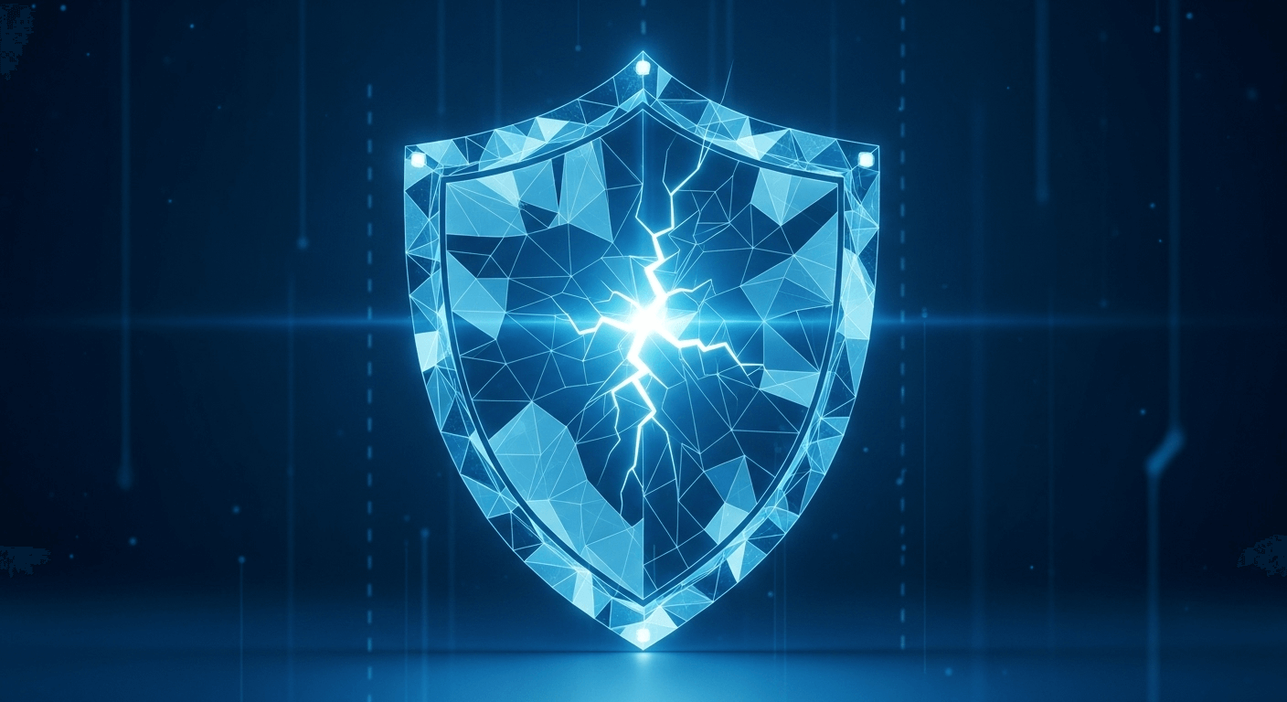 A sophisticated 3D render of a single cracked digital shield, representing a contained breach.