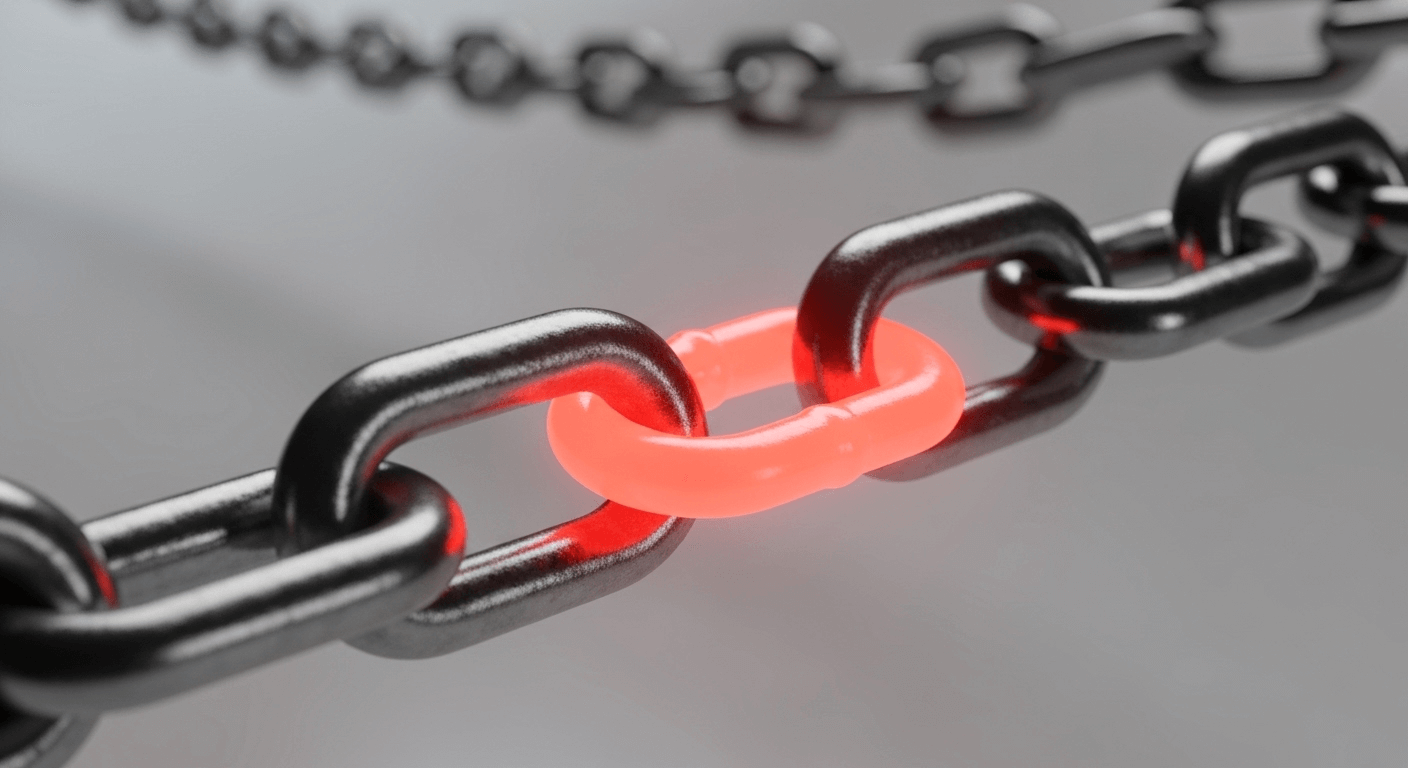 A 3D render of a chain with one weak, glowing red link, symbolizing a supply-chain vulnerability.
