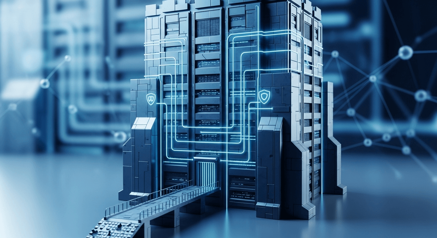 A 3D render showing a large, secure digital fortress with a small, vulnerable bridge leading to it.