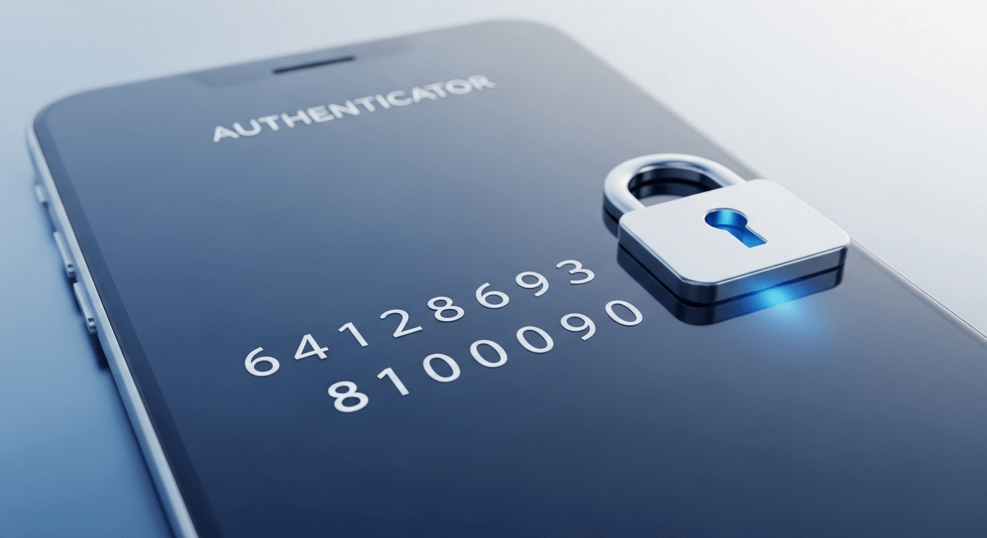 A clean 3D render of a smartphone displaying a 6-digit authenticator code next to a stylized padlock icon.