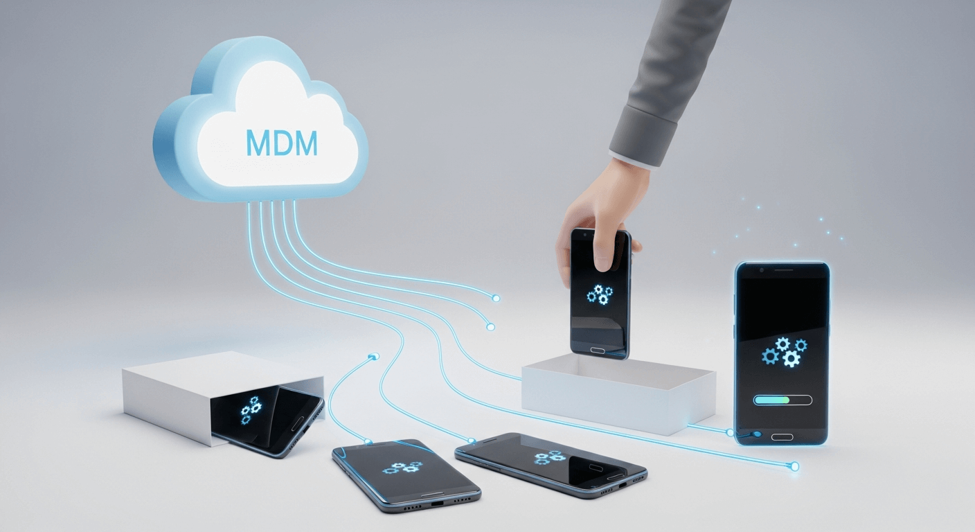 3D render illustrating a seamless flow from a cloud icon representing the MDM portal to multiple deployed Android devices being unboxed and auto-configuring