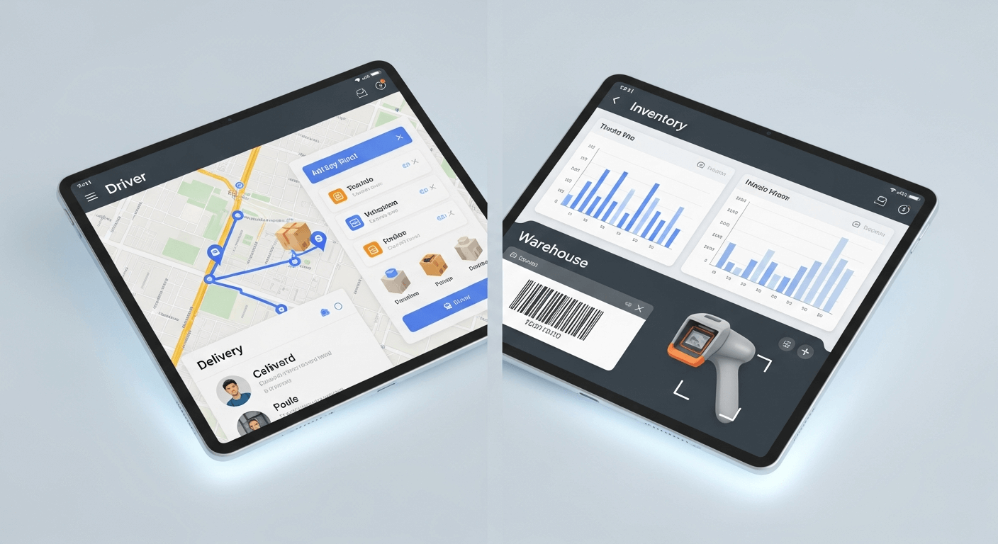 Split-screen 3D render showing two Android tablets. One displays a map and delivery app (Driver), the other displays inventory charts and a scanner interface (Warehouse)