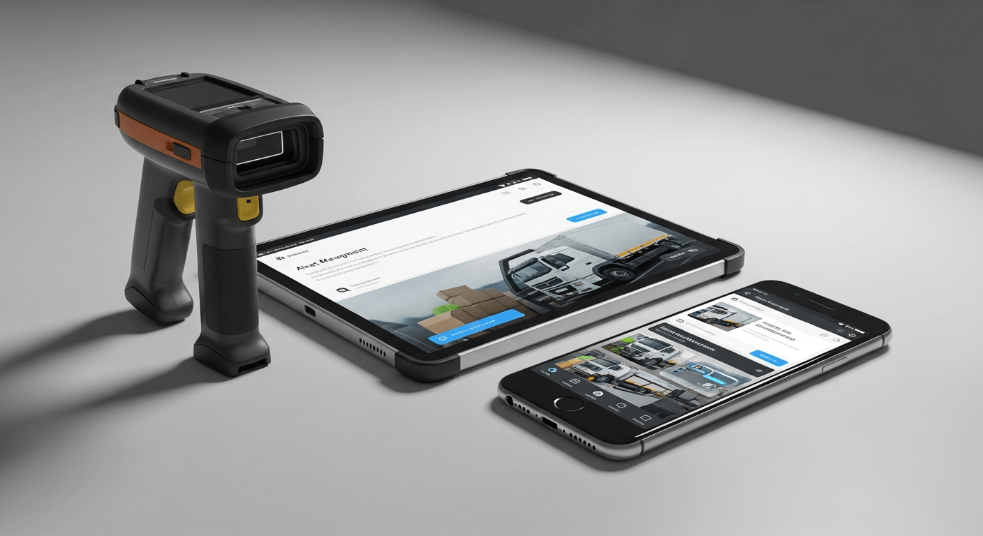 Sophisticated 3D render of a variety of Android logistics devices: a rugged scanner, an in-cab tablet, and a smartphone, arranged neatly on a platform