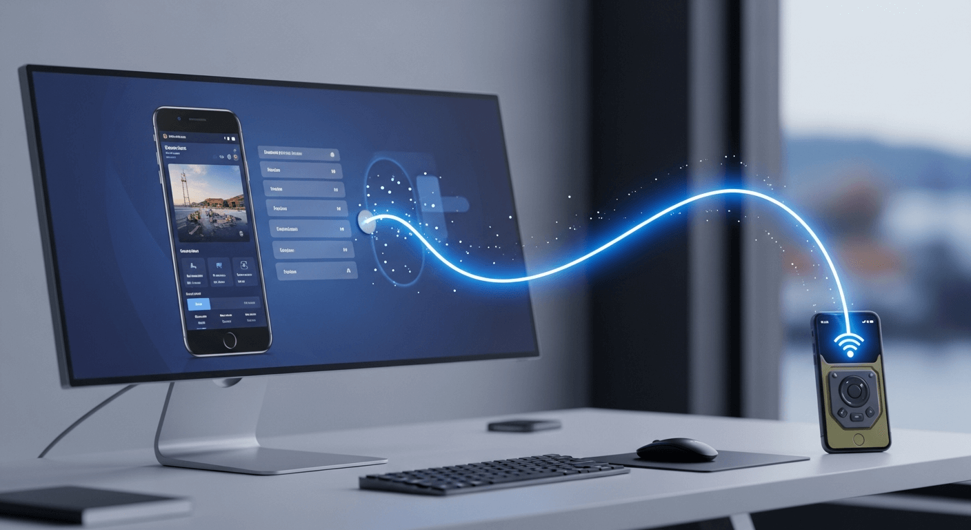 3D render of an IT admin's monitor showing the screen of a remote field device, with a connecting line symbolizing remote control