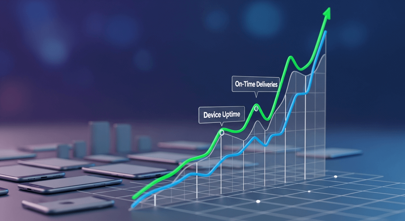 3D data visualization graph showing a sharp upward trend in efficiency metrics labeled 'Device Uptime' and 'On-Time Deliveries'