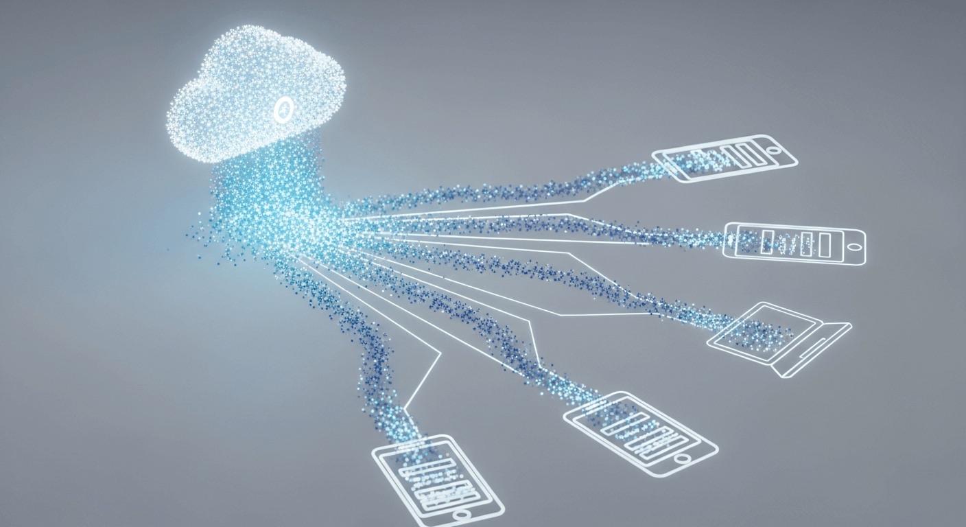 Abstract 3D render of data points flowing from a central cloud directory and branching out to populate fields on multiple device profiles.