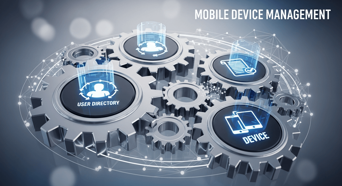 A 3D render of interlocking gears, with icons for 'user directory', 'policy', and 'device' showing a seamless automated process.