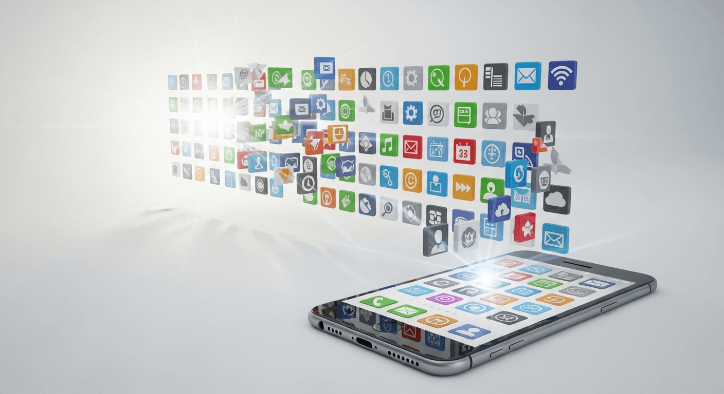 Clean 3D render of an organized grid of app icons flowing from a central point onto a device screen, symbolizing controlled app deployment.