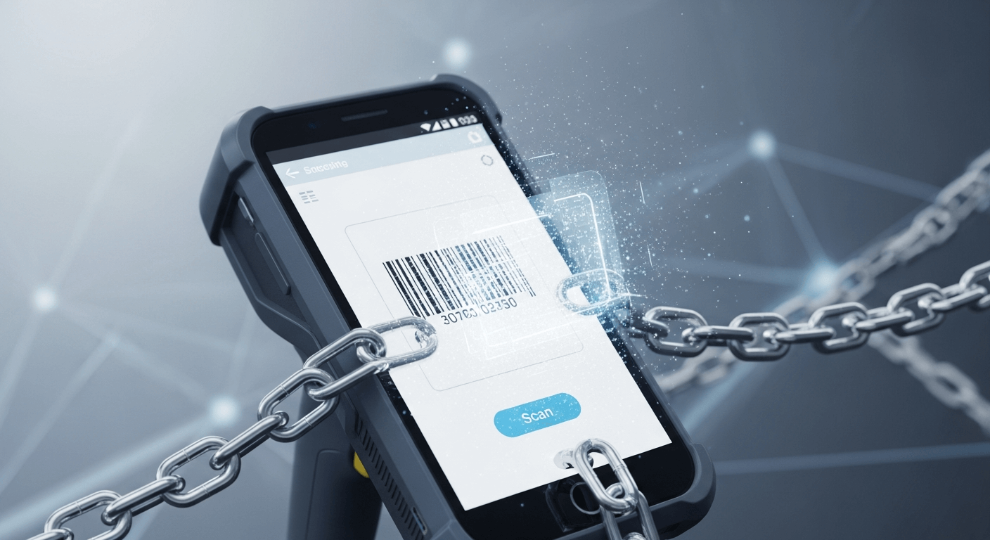 3D render of a rugged device displaying a barcode scanner UI, with digital chains locking it to that single application.