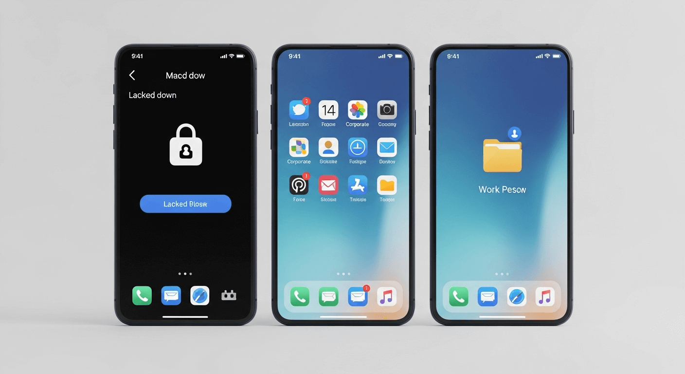 Sophisticated 3D render of three distinct device screens, one showing a locked-down kiosk UI, one showing a standard corporate homescreen, and one showing a personal homescreen with a distinct work folder icon.