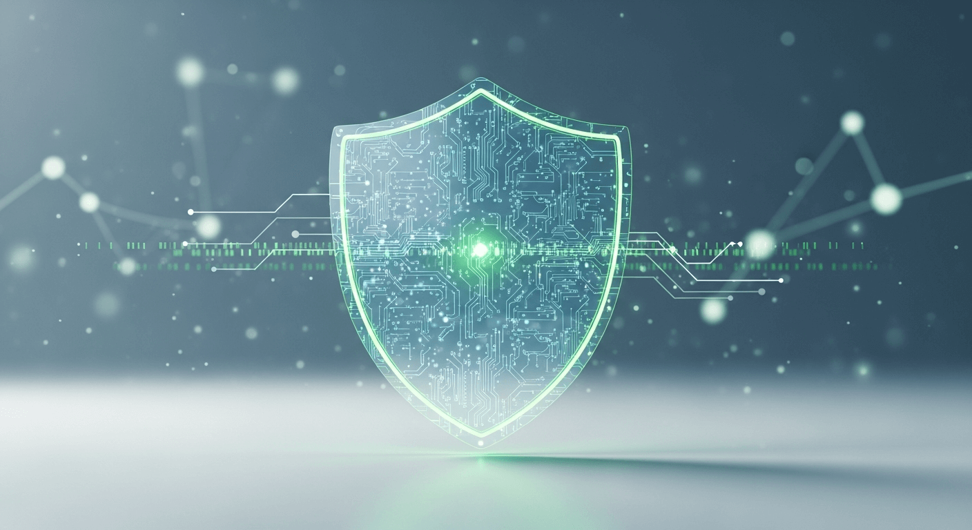 Abstract 3D render of a digital shield with intricate circuitry patterns, representing robust security policies.