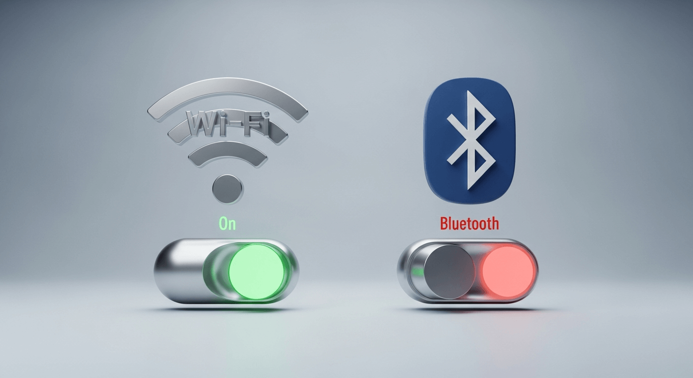Minimalist 3D render of Wi-Fi and Bluetooth symbols with 'on/off' toggle switches, representing device restrictions.