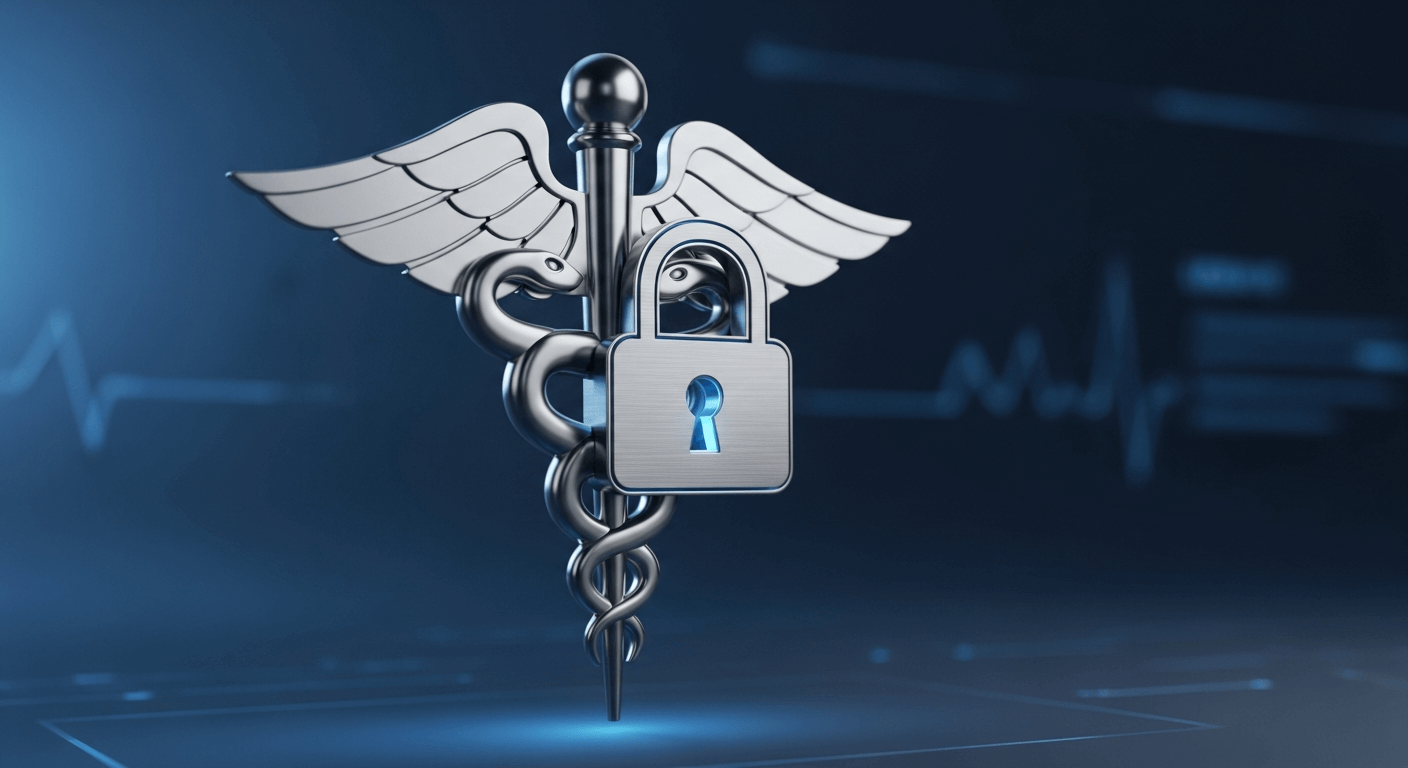 A 3D render of a medical caduceus symbol integrated with a digital lock icon, symbolizing healthcare data security.