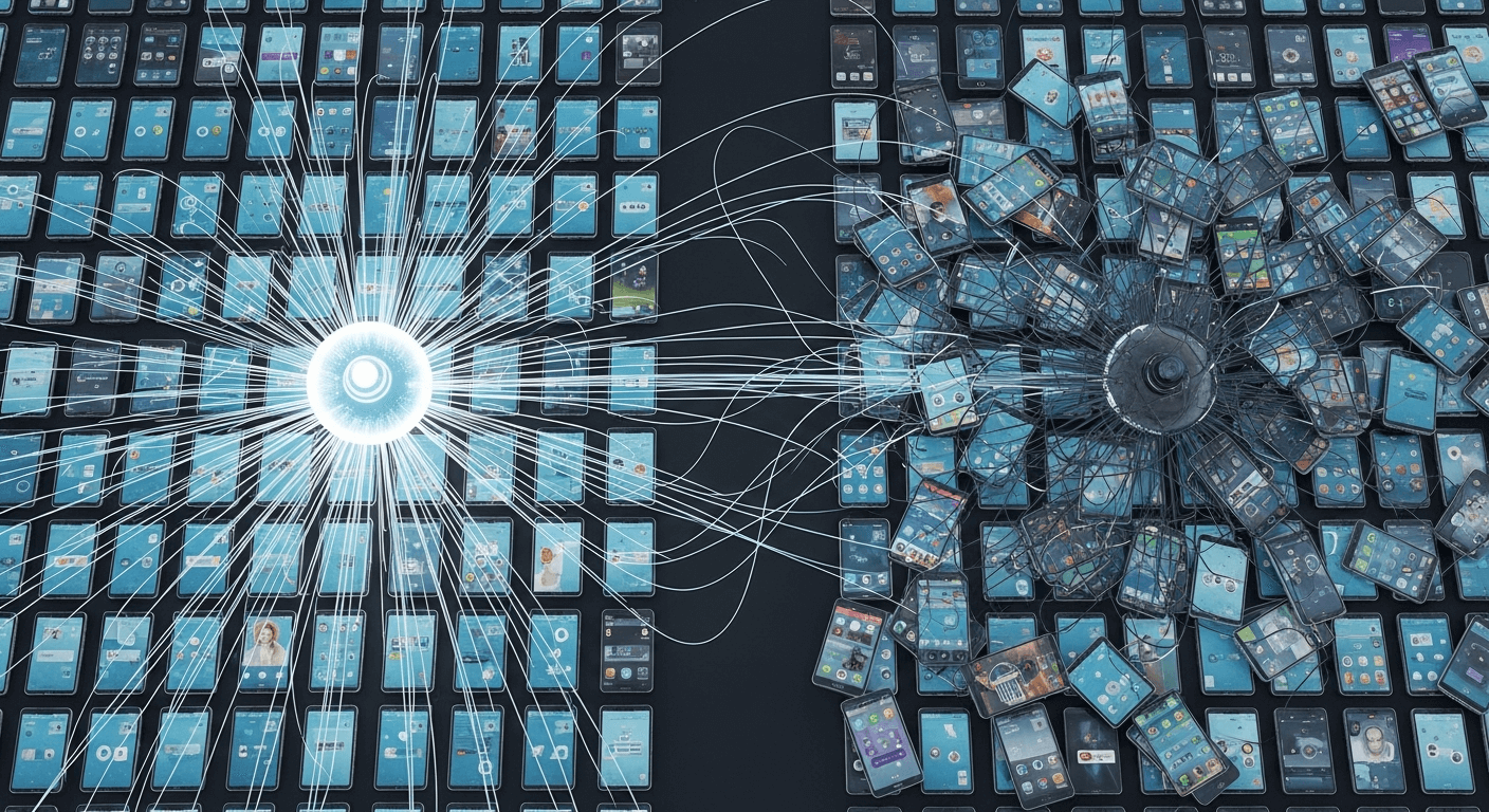 A sophisticated 3D render showing a single, centrally controlled device policy branching out to hundreds of perfectly synchronized mobile devices, contrasting with a chaotic cluster of devices with random, user-defined settings.