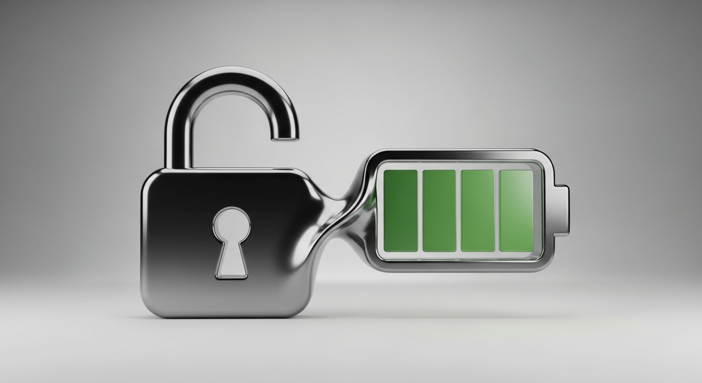 A sleek 3D render of a padlock icon morphing into a battery icon, visually representing the dual security and power-saving benefits of screen timeout policies.