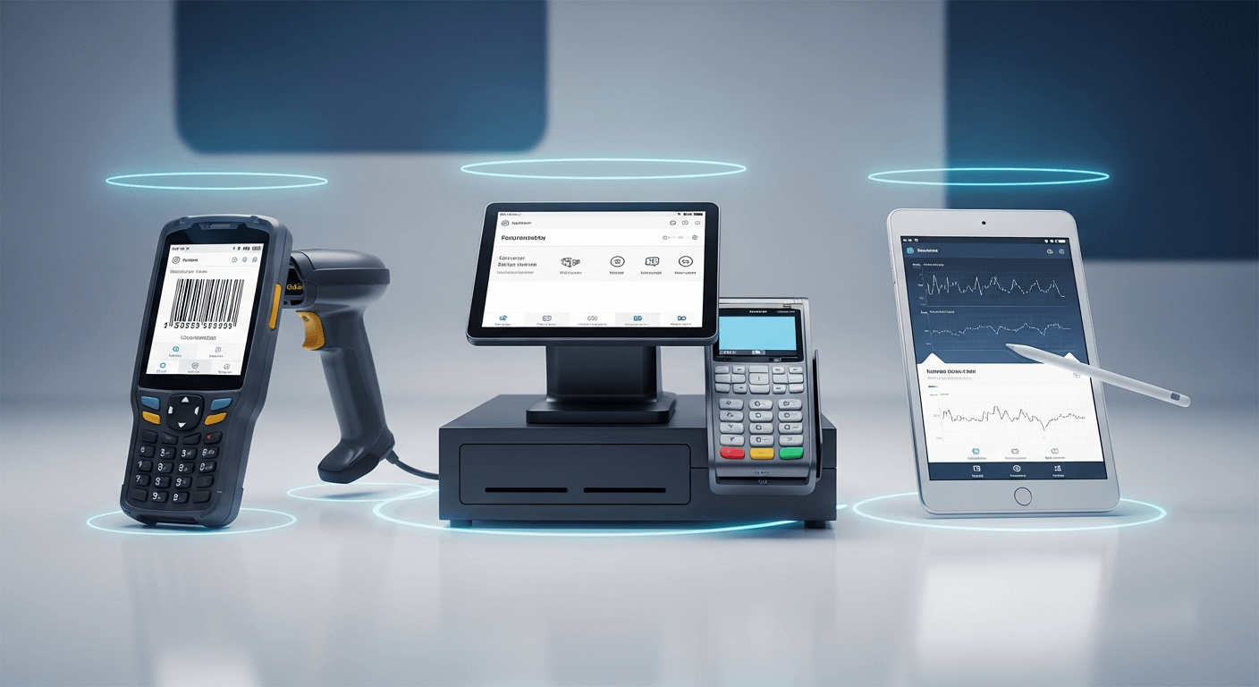 A 3D render of a logistics scanner, a retail POS device, and a healthcare tablet arranged side-by-side, each with a subtle glowing aura representing optimized uptime.