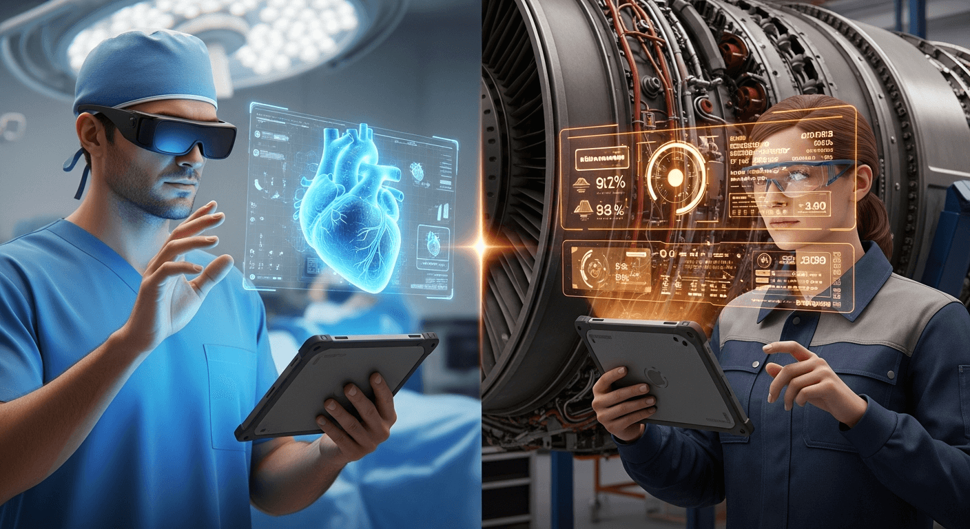Split-screen 3D render. Left side shows a surgeon viewing a holographic heart. Right side shows an engineer viewing a complex jet engine with holographic data overlays.
