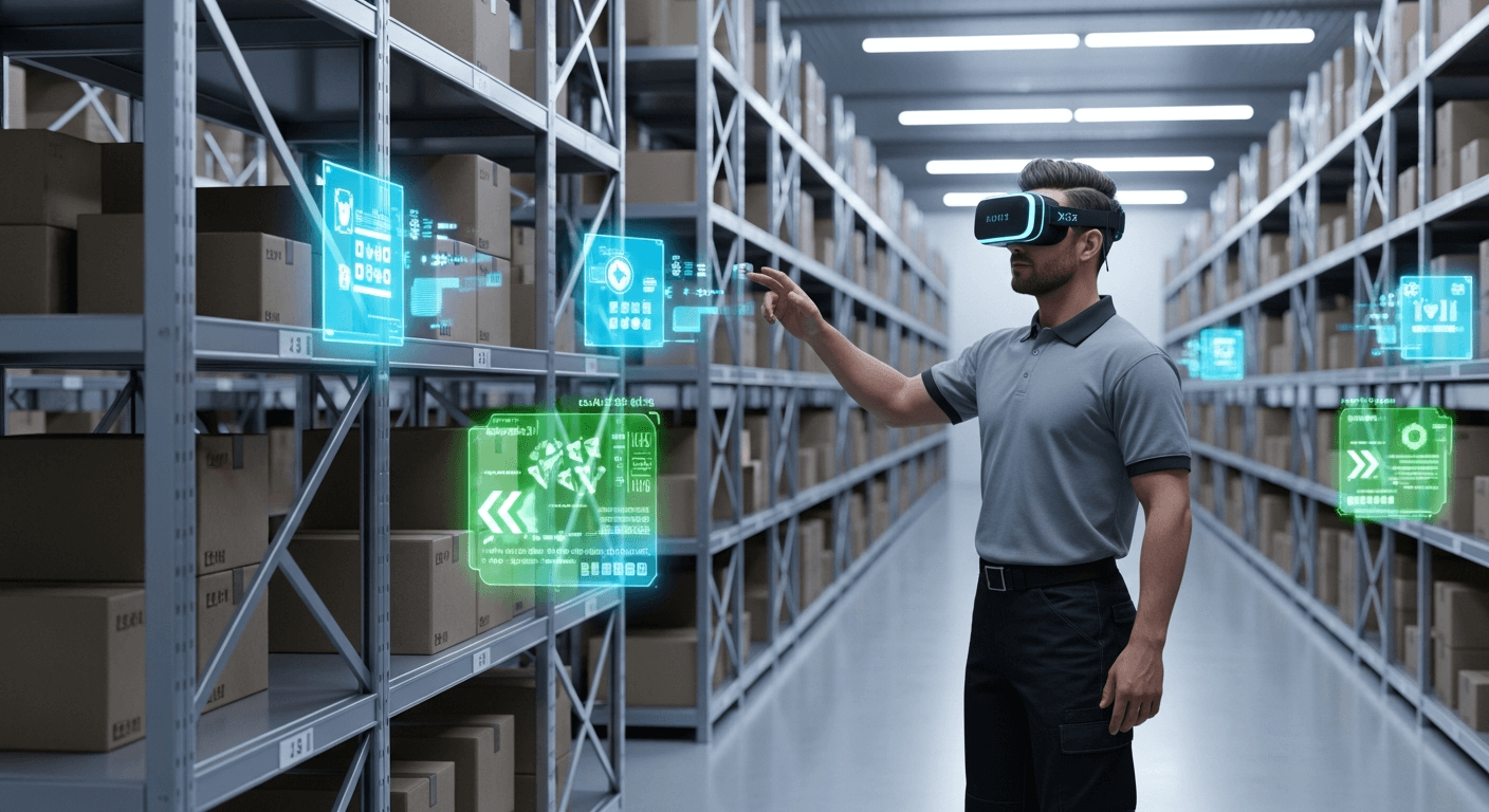 3D render of a modern, clean warehouse aisle with a worker wearing an XR headset, with glowing digital indicators highlighting specific boxes on shelves.