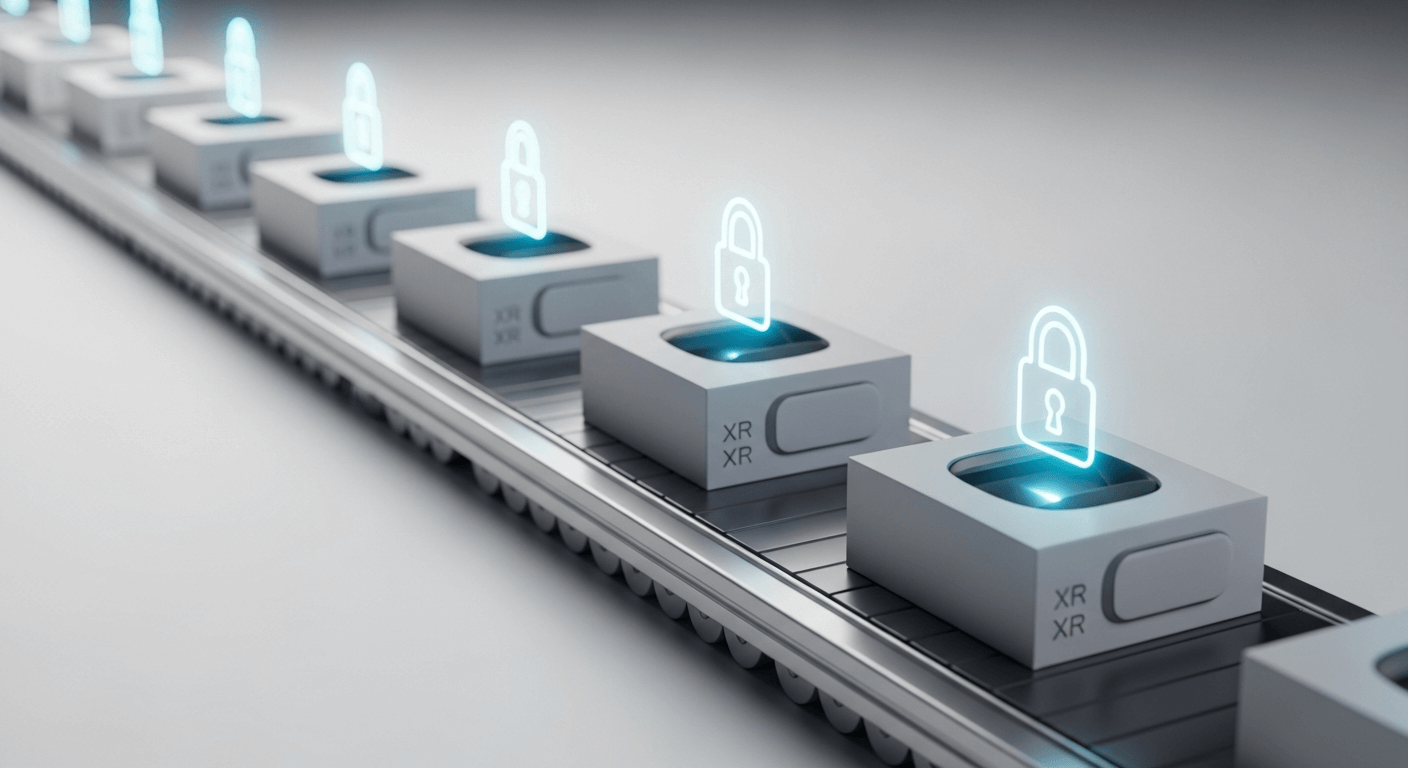 3D render depicting a conveyor belt with boxed XR headsets, each one showing a digital 'lock' icon appearing as it comes off the line, symbolizing automated enrollment.