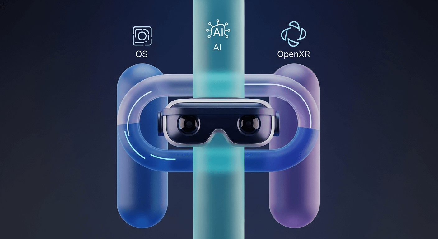 Sophisticated 3D abstract render showing three interconnected pillars labeled OS, AI, and OpenXR, represented by icons, flowing into a central headset graphic.