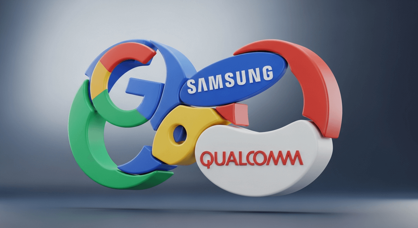 Clean 3D render of three interlocking gears or rings, subtly representing the logos/brands of Google, Samsung, and Qualcomm, symbolizing their partnership.