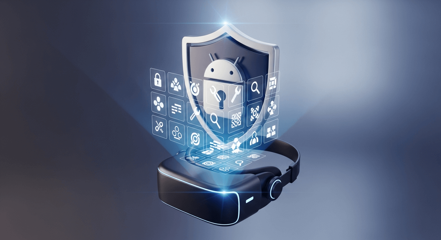 Abstract 3D render showing the Android Enterprise shield icon projecting a grid of management policies onto a floating XR headset.