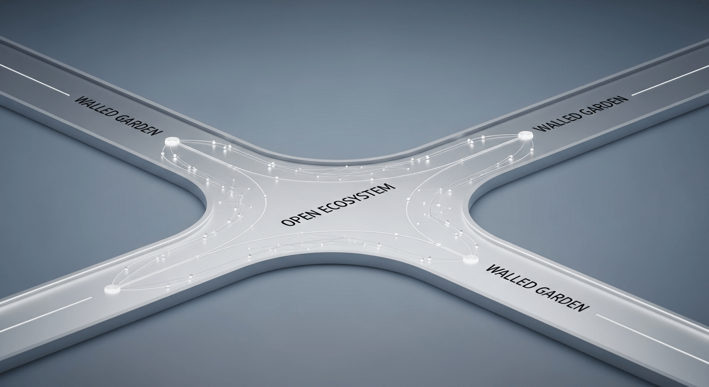 A minimalist 3D render of a crossroads or diverging paths, with one path labeled 'Open Ecosystem' being wider and more interconnected than the other two labeled 'Walled Garden'.