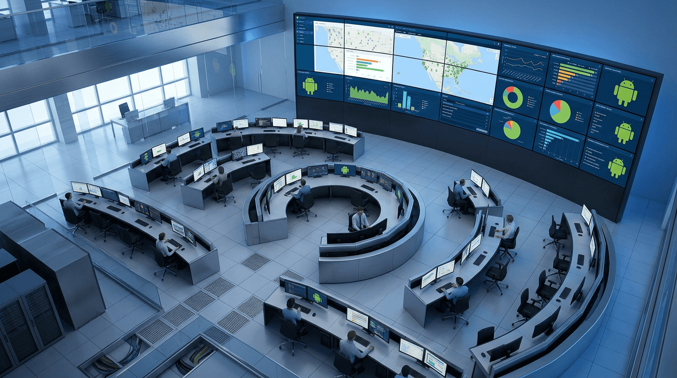 An aerial view of a modern IT operations center with multiple screens displaying device fleet analytics, a calm blue-toned environment conveying control and oversight