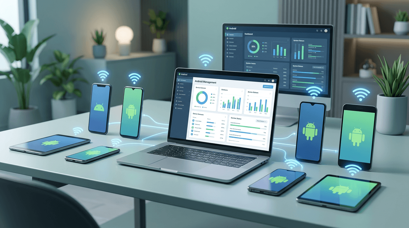 A clean workspace showing a laptop with a device management dashboard, surrounded by several Android devices being wirelessly configured, soft ambient lighting