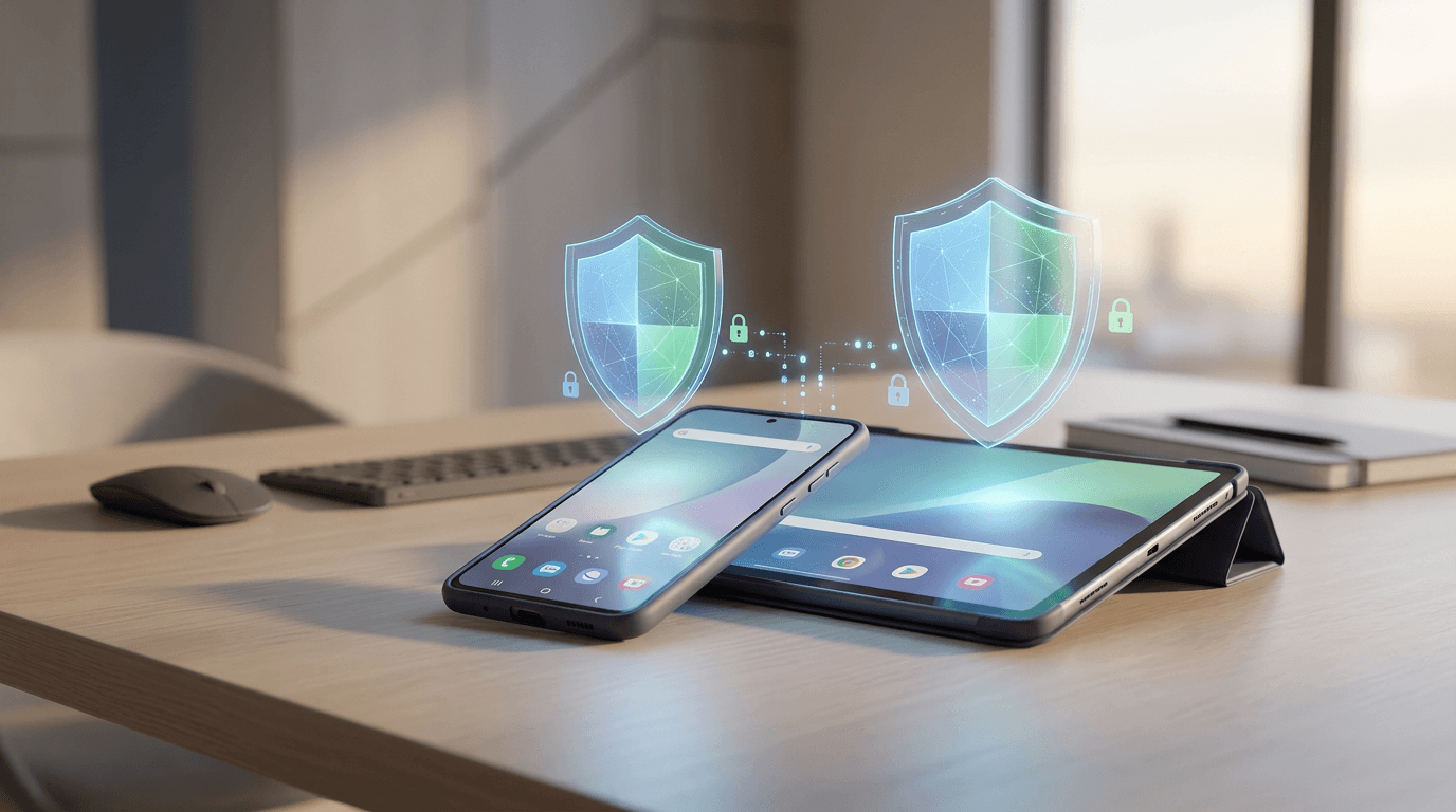 A cinematic close-up of a sleek Android smartphone and tablet on a minimalist desk, with holographic security shield icons floating above them, representing enterprise device protection for What is Android Enterprise? The Ultimate Guide to Managing Android in the Workplace