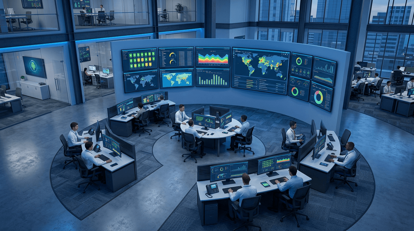 An aerial view of a modern IT operations center with multiple screens displaying device fleet analytics, a calm blue-toned environment conveying control and oversight