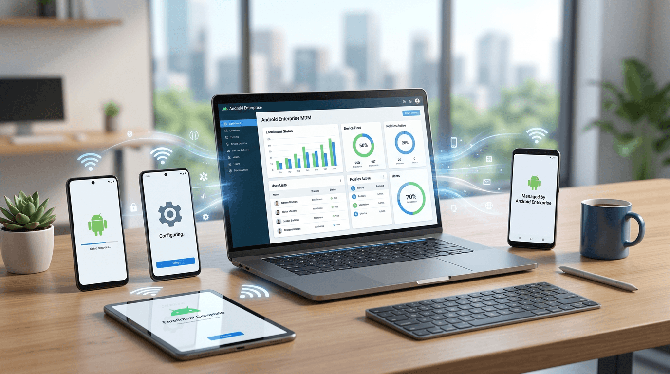 A clean workspace showing a laptop with a device management dashboard, surrounded by several Android devices being wirelessly configured, soft ambient lighting