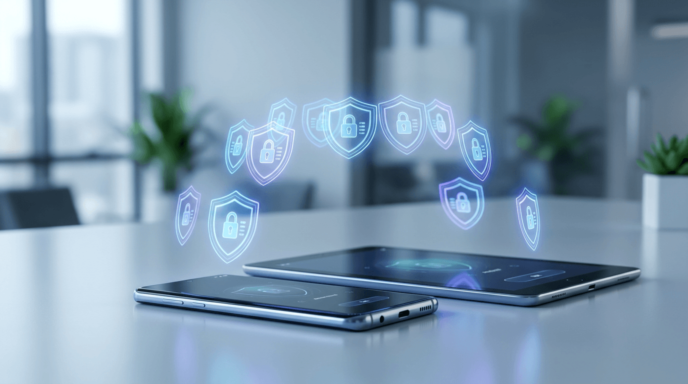 A cinematic close-up of a sleek Android smartphone and tablet on a minimalist desk, with holographic security shield icons floating above them, representing enterprise device protection for Mastering Android 16's 5G Network Slicing: A Guide for Mission-Critical Mobile Fleets