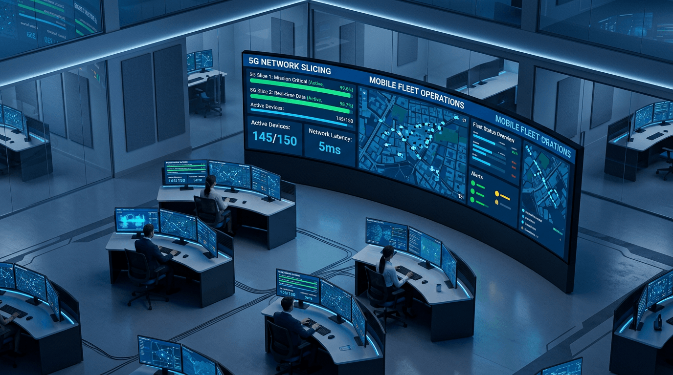 An aerial view of a modern IT operations center with multiple screens displaying device fleet analytics, a calm blue-toned environment conveying control and oversight